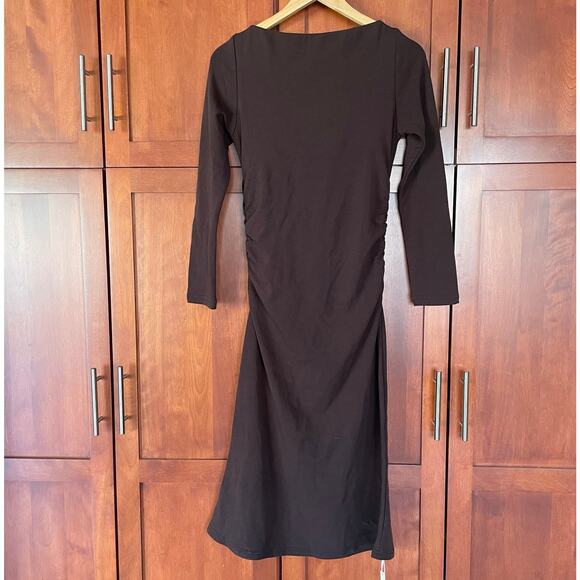 OGL Midi Dress Thermal Boatneck Ruched Sides Eco Mousse Brown Size Medium NEW - Picture 5 of 7